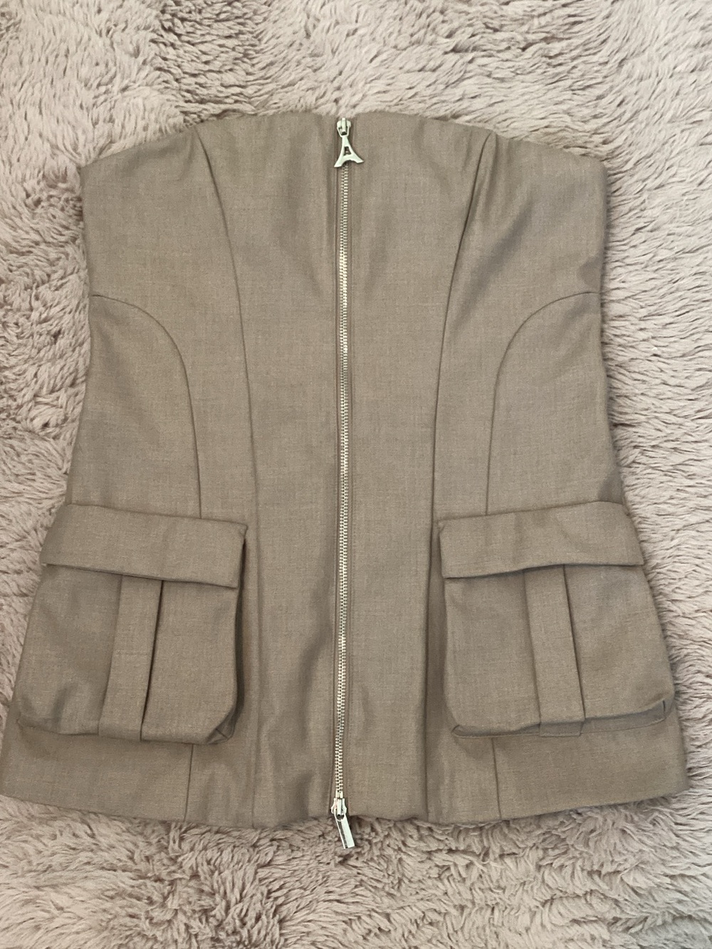 Maniere De Voir Beige Strapless Corset Top with Silver Zip